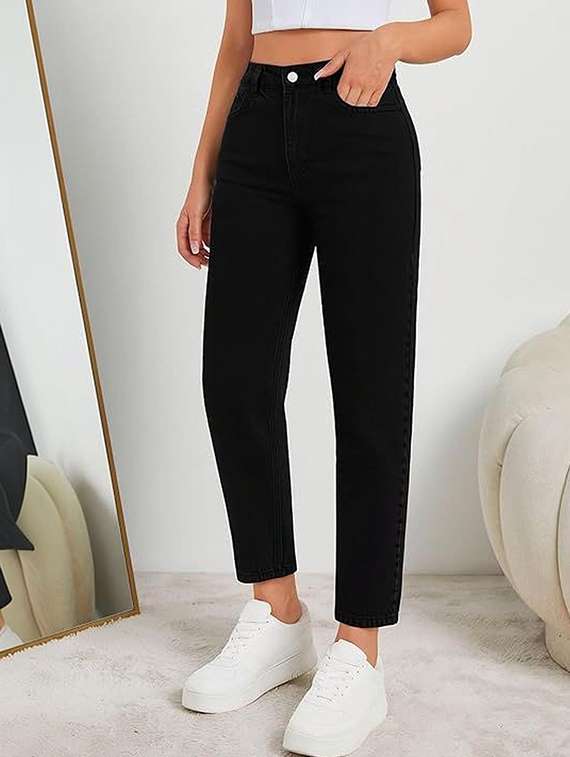 women solid high rise mom fit jeans