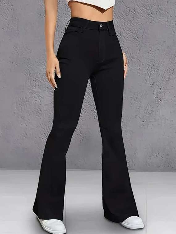 women solid high rise bootcut jeans