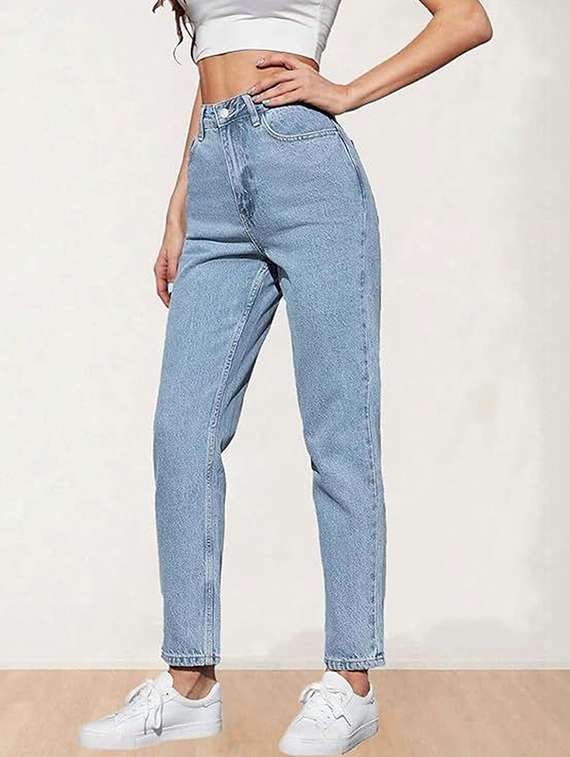 women solid high rise mom fit jeans