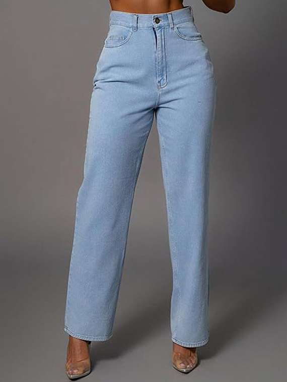 women solid high rise straight jeans