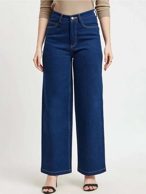 women solid high rise wide leg jeans