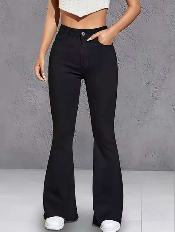 women solid high rise bootcut jeans