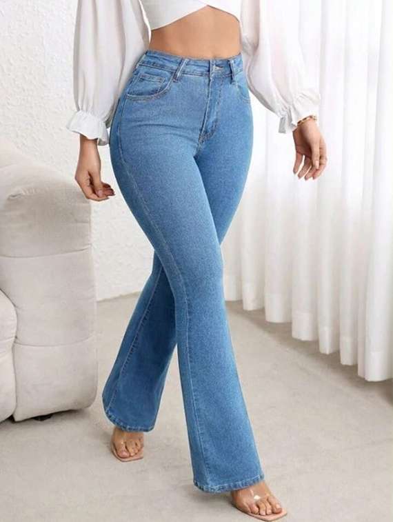 women solid high rise bootcut jeans