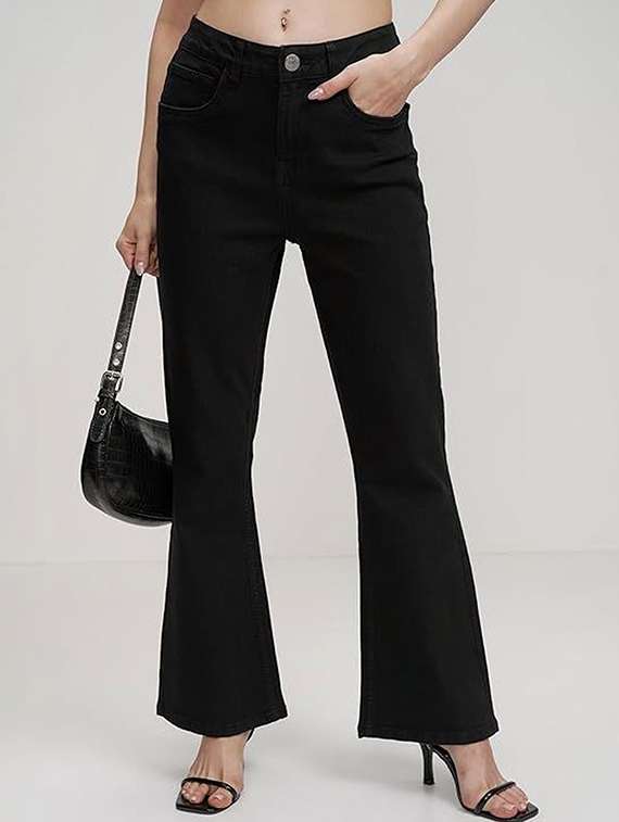 women solid high rise bootcut jeans