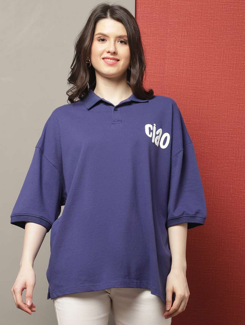 women printed short sleeve oversized polo t-shirt