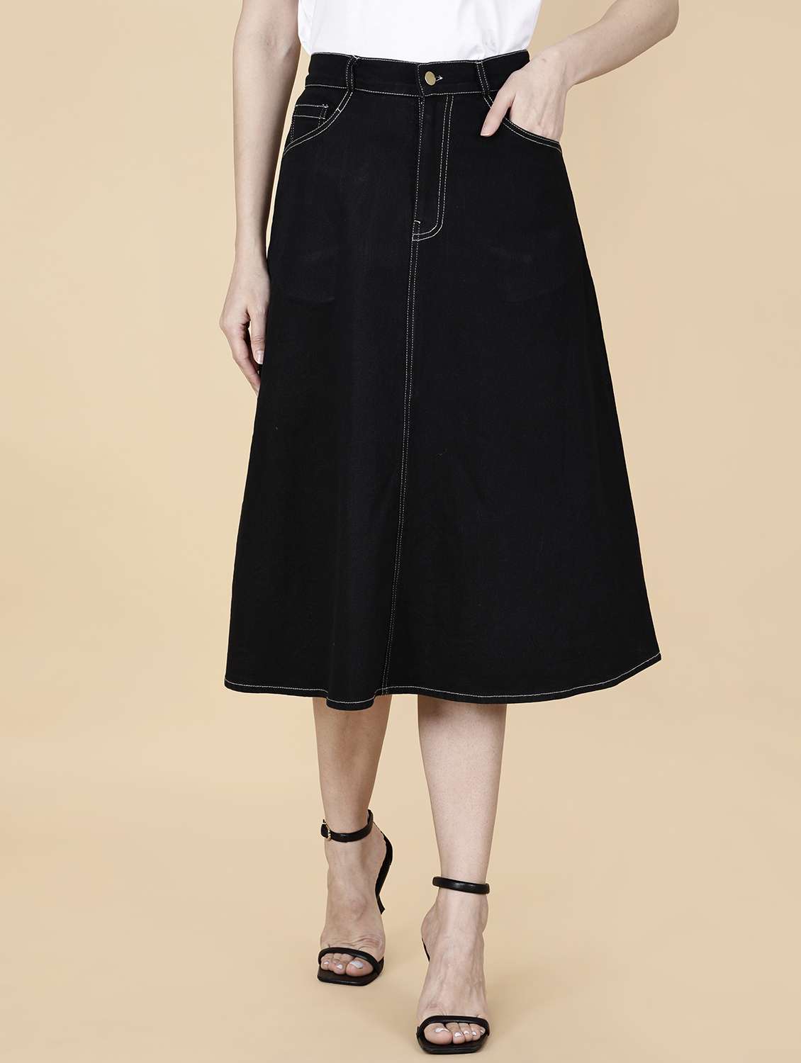 women solid mid rise denim a-line skirt