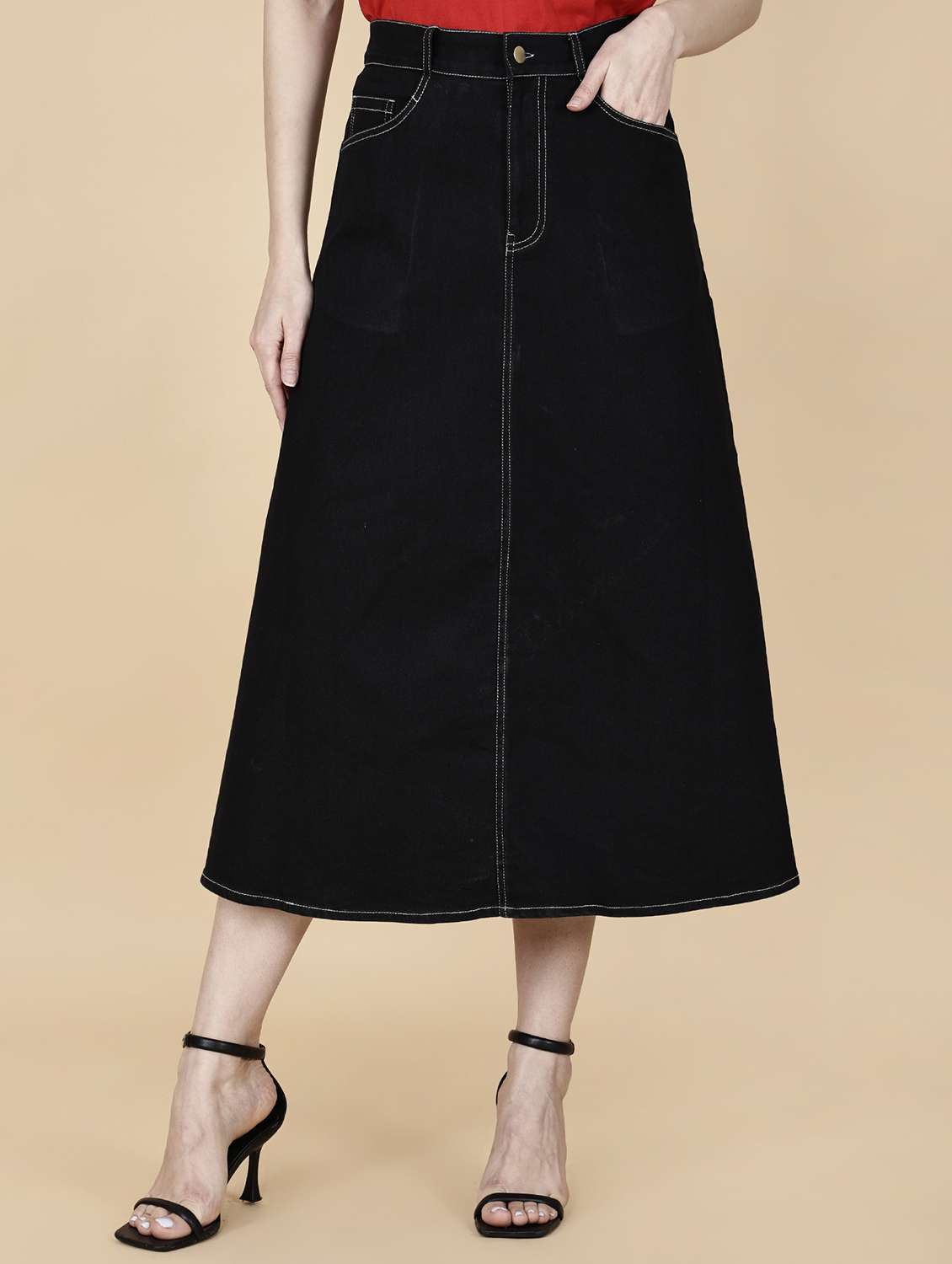 women solid high rise denim a-line skirt