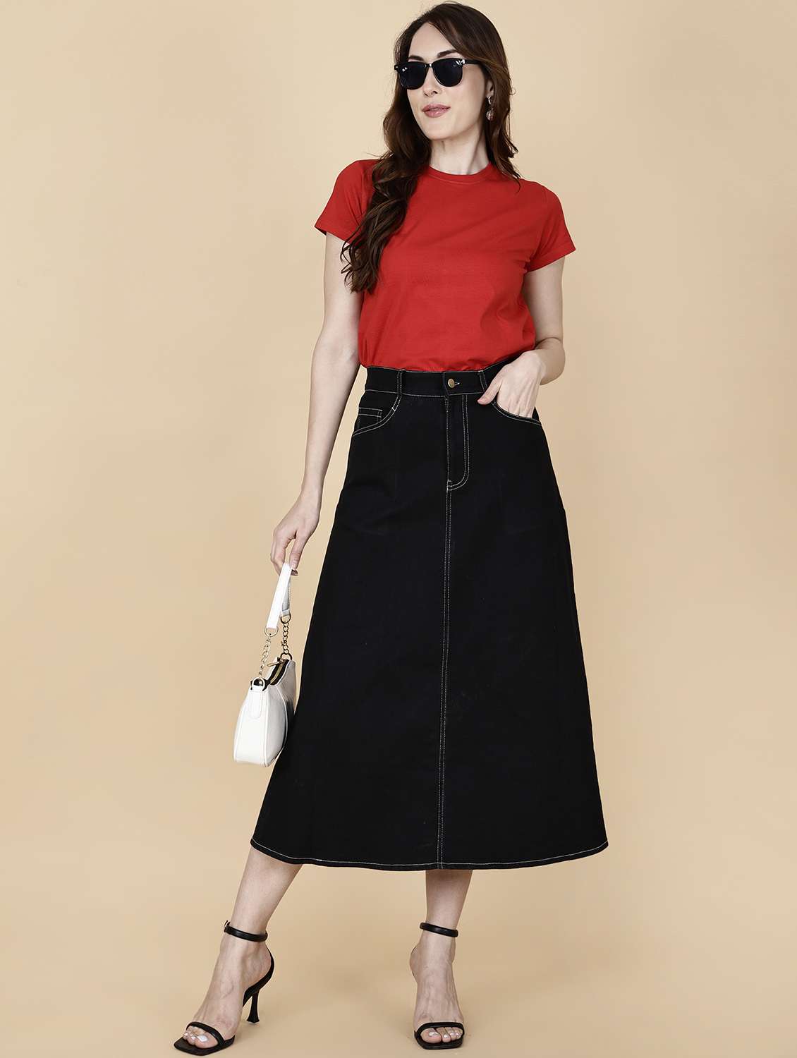 women solid high rise denim a-line skirt - 22376669 -  Standard Image - 3