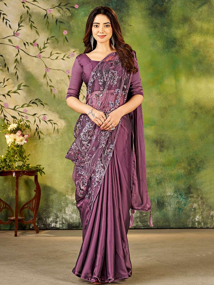 purple satin predrape saree with blouse