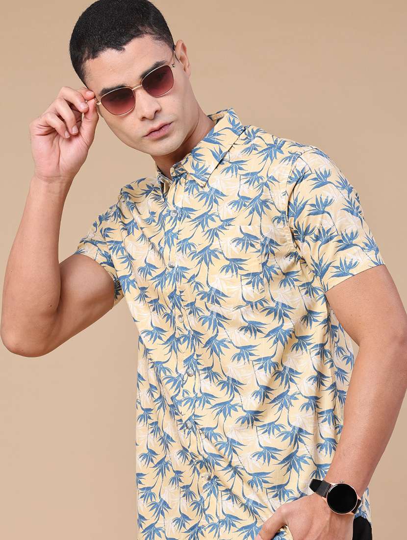 men printed short sleeve slim fit casual shirt
