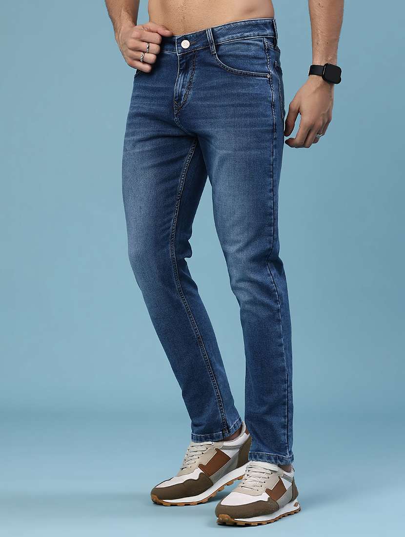 men washed mid rise full length slim fit jeans