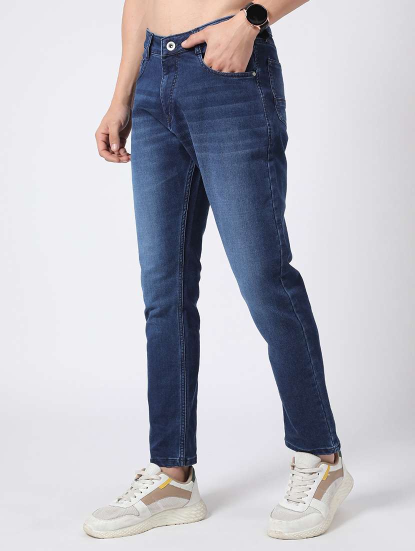 men washed mid rise full length slim fit jeans