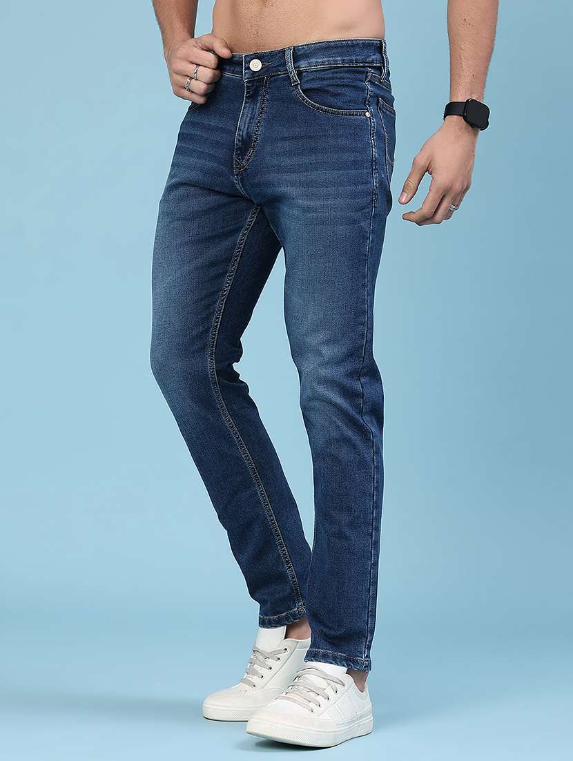 men washed mid rise full length slim fit jeans
