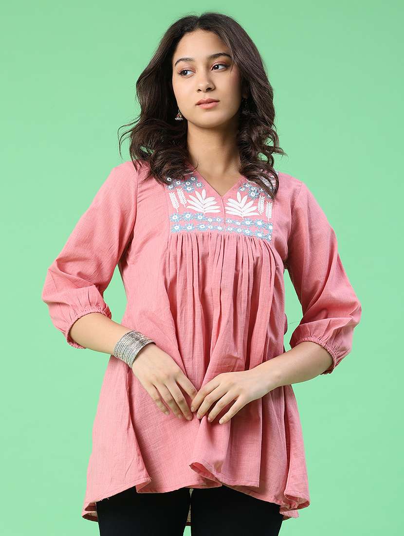 women embroidered three quarter sleeves flared top