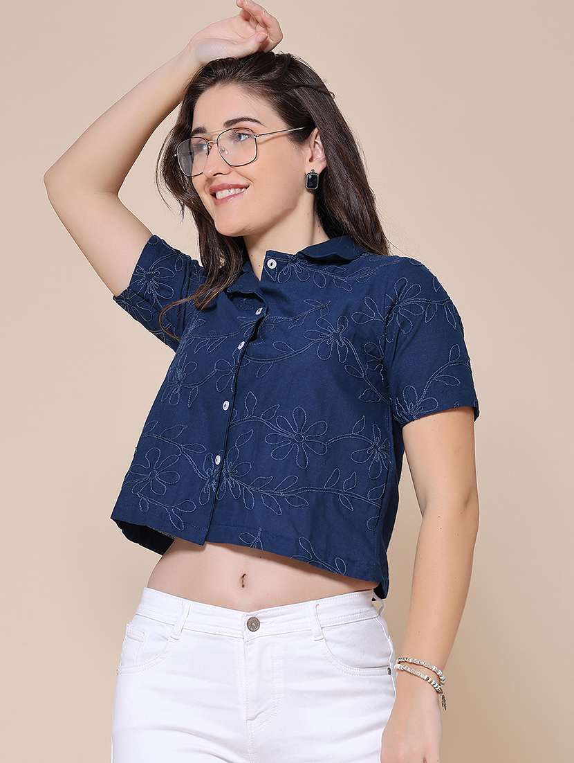 women embroidered short sleeves crop shirt