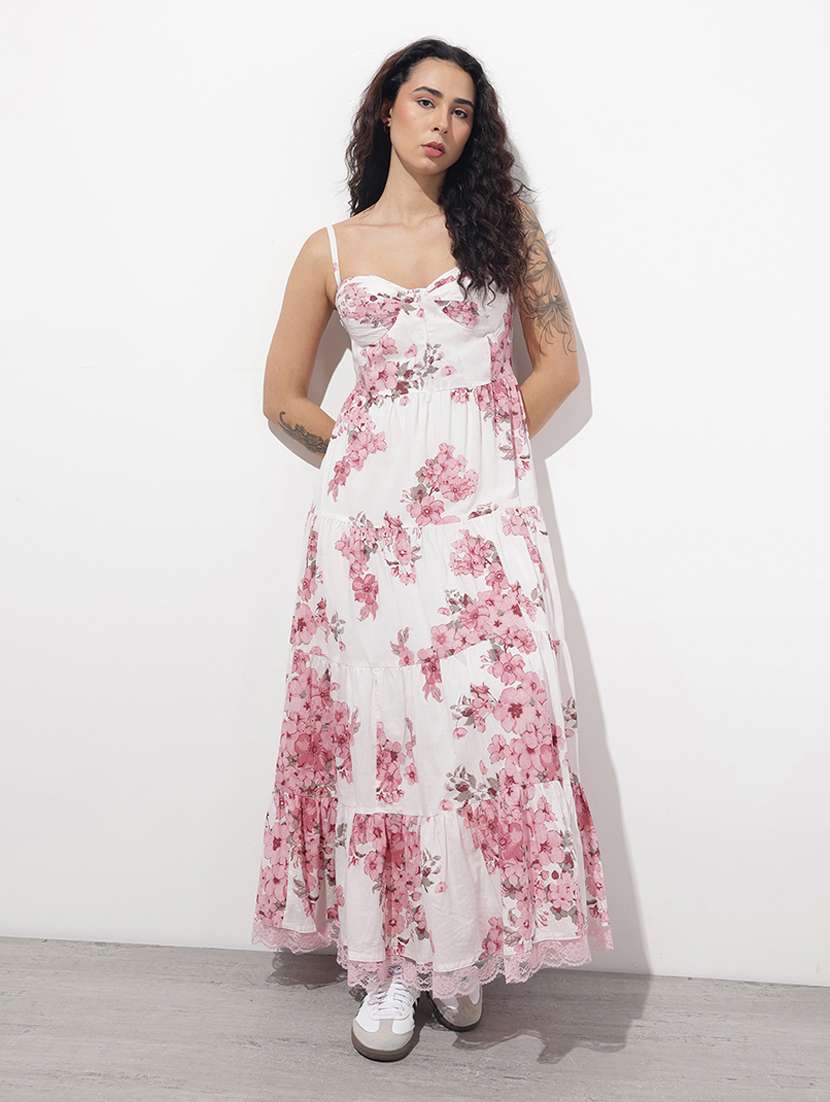 women printed shoulder strap tiered dress