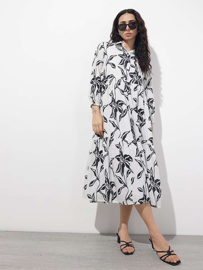 women printed long sleeve tiered dress