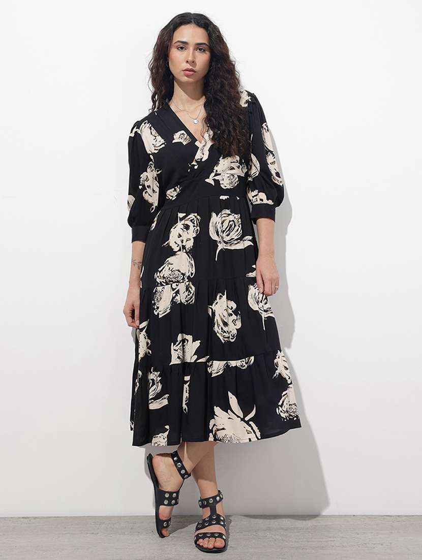 women printed puff sleeve tiered dress
