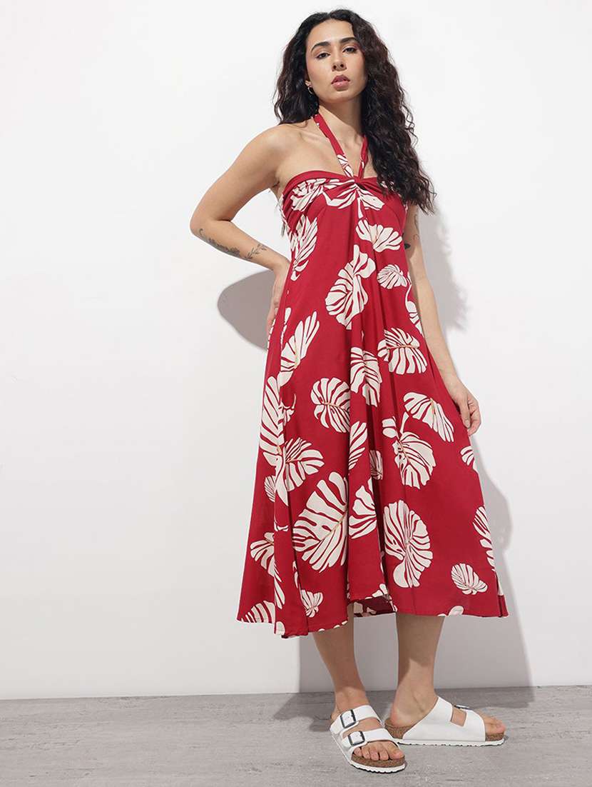 women printed shoulder strap fit & flared dress