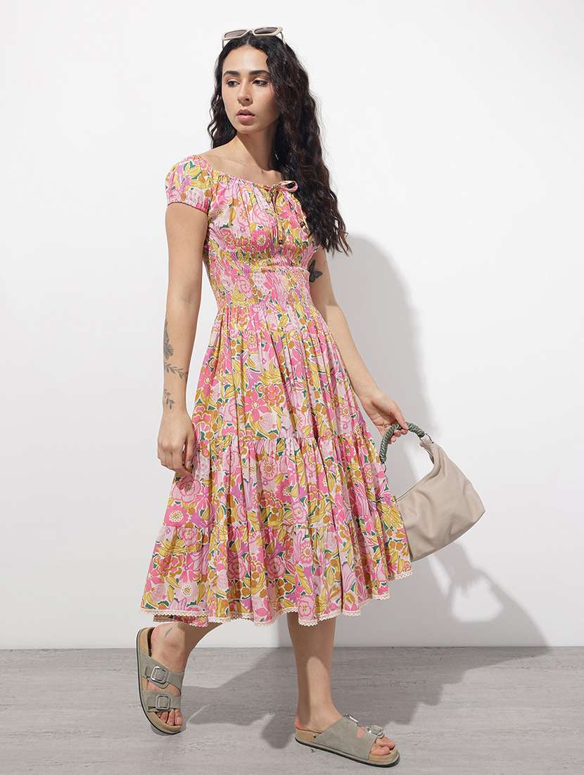 women printed off shoulder tiered dress