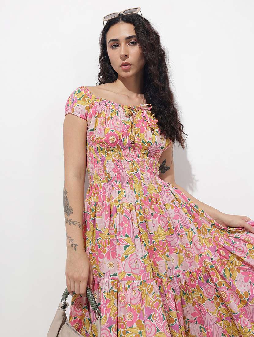 women printed off shoulder tiered dress - 22376982 -  Standard Image - 5