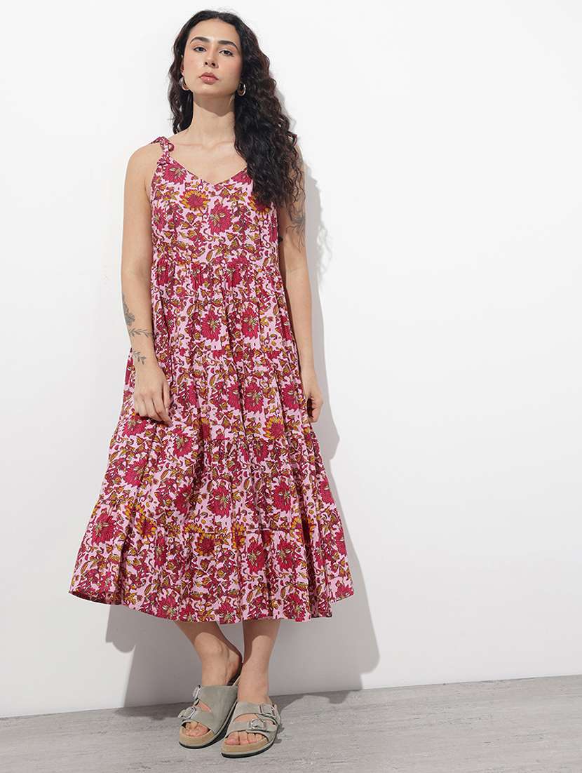 women printed shoulder strap tiered dress