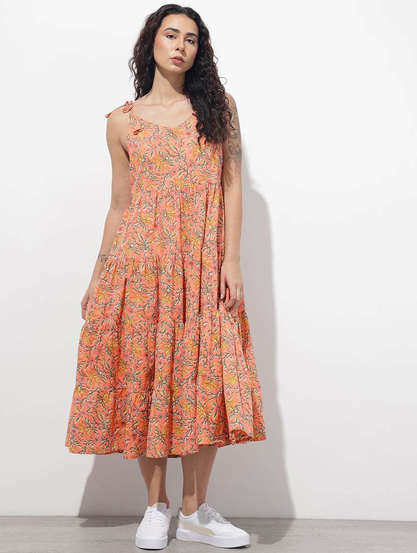 women printed shoulder strap tiered dress