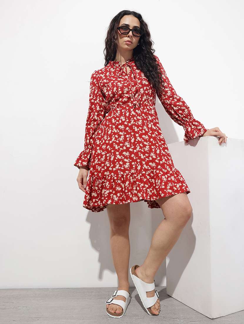 women floral print long sleeve tiered dress