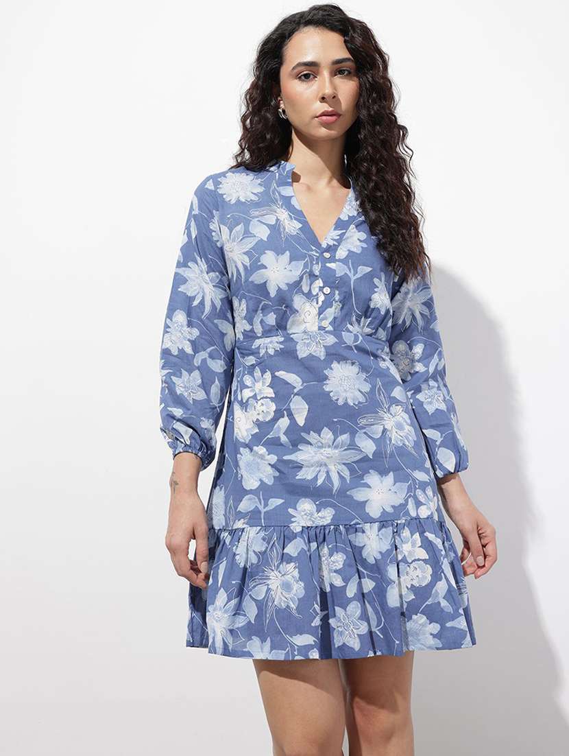 women printed puff sleeve tiered dress