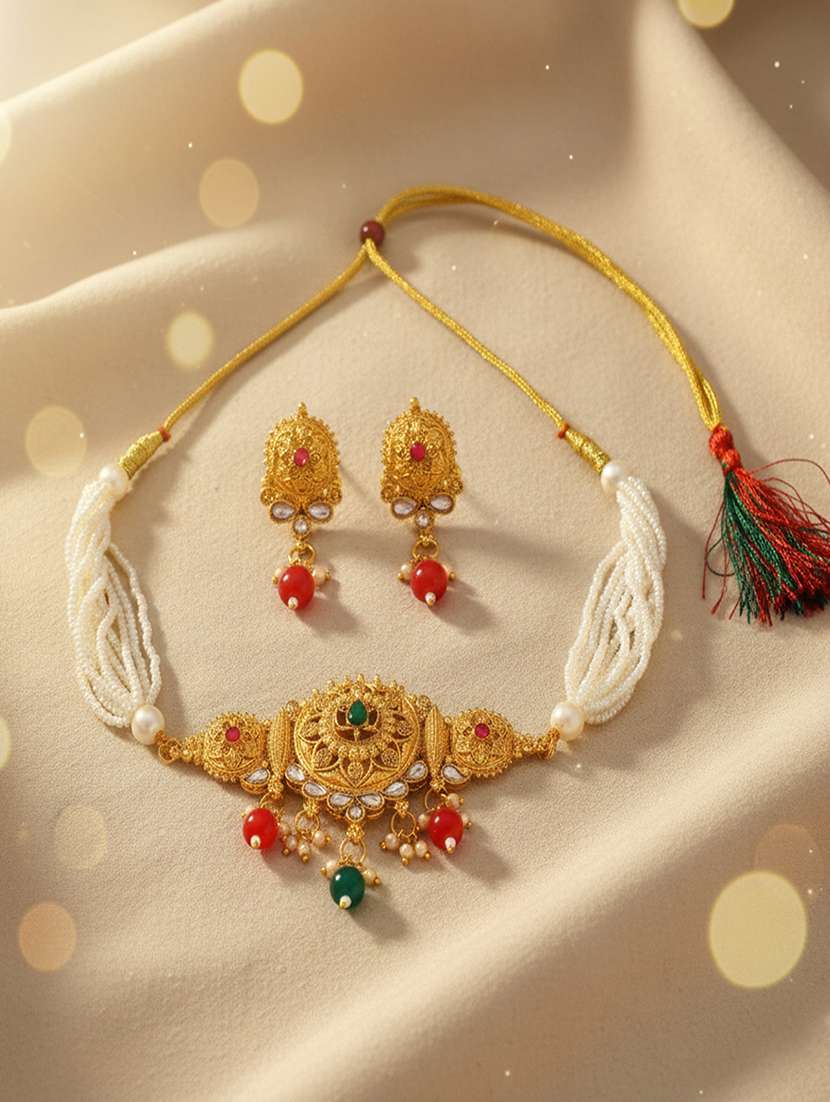 brass gold pearl beaded necklace set