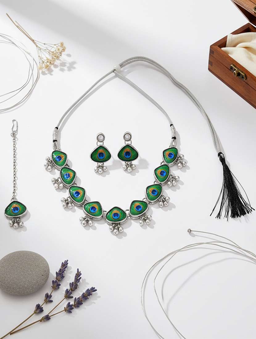 brass silver plated peacock feather motif necklace set