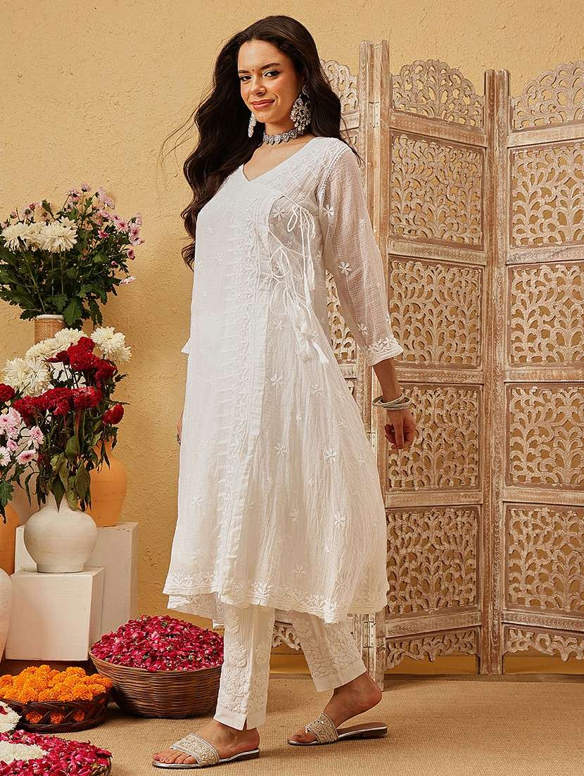 women chikankari three quarter sleeve angrakha kurta - 22377339 -  Standard Image - 3
