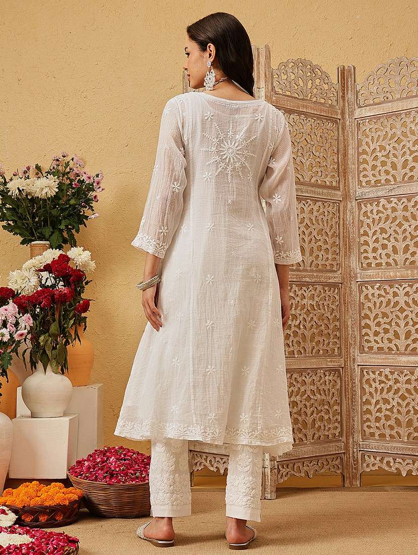 women chikankari three quarter sleeve angrakha kurta - 22377339 -  Standard Image - 5