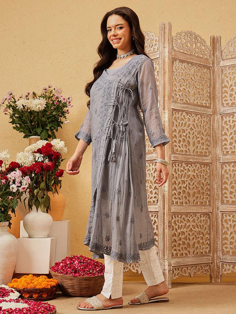 women chikankari three quarter sleeve angrakha kurta - 22377340 -  Standard Image - 3