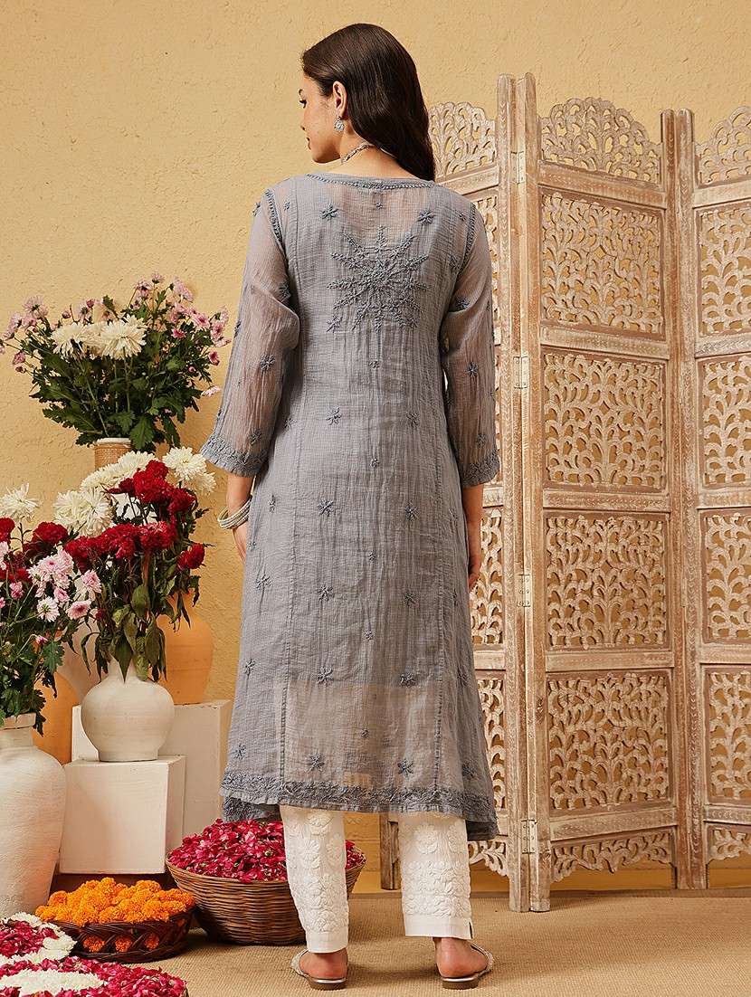 women chikankari three quarter sleeve angrakha kurta - 22377340 -  Standard Image - 5