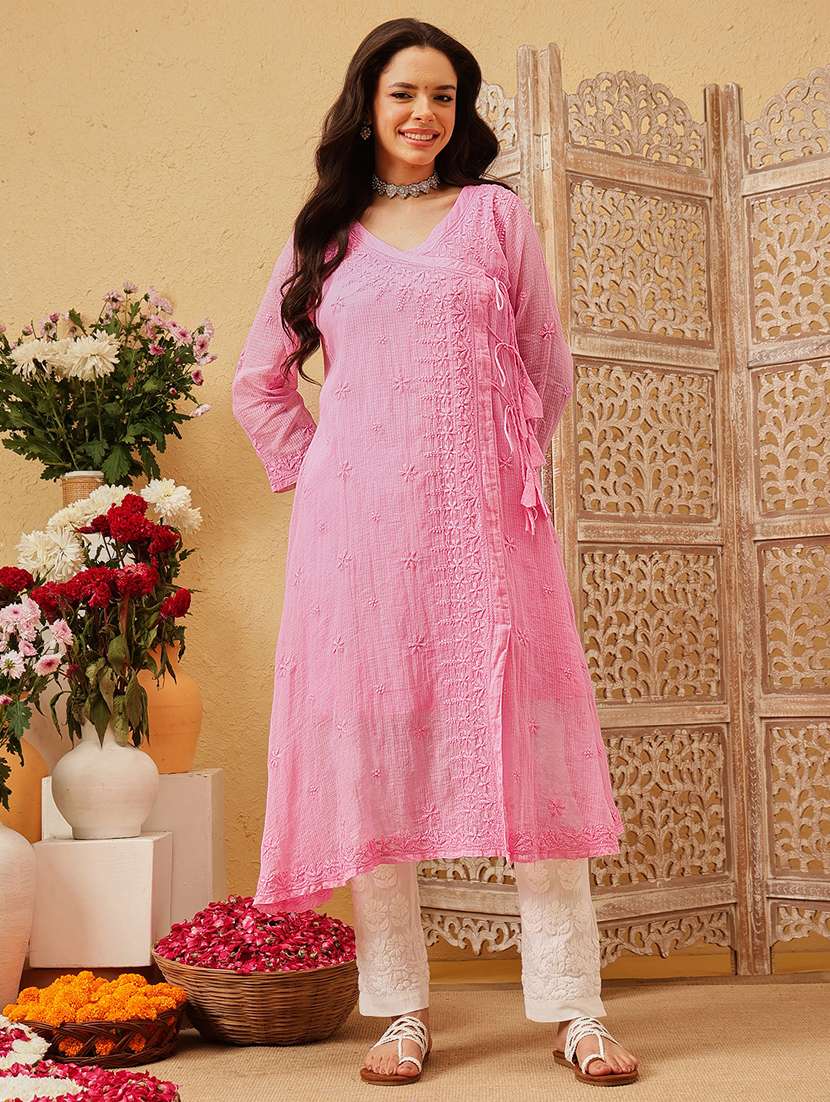 women chikankari three quarter sleeve angrakha kurta