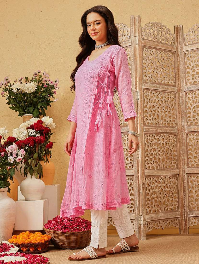 women chikankari three quarter sleeve angrakha kurta - 22377341 -  Standard Image - 3