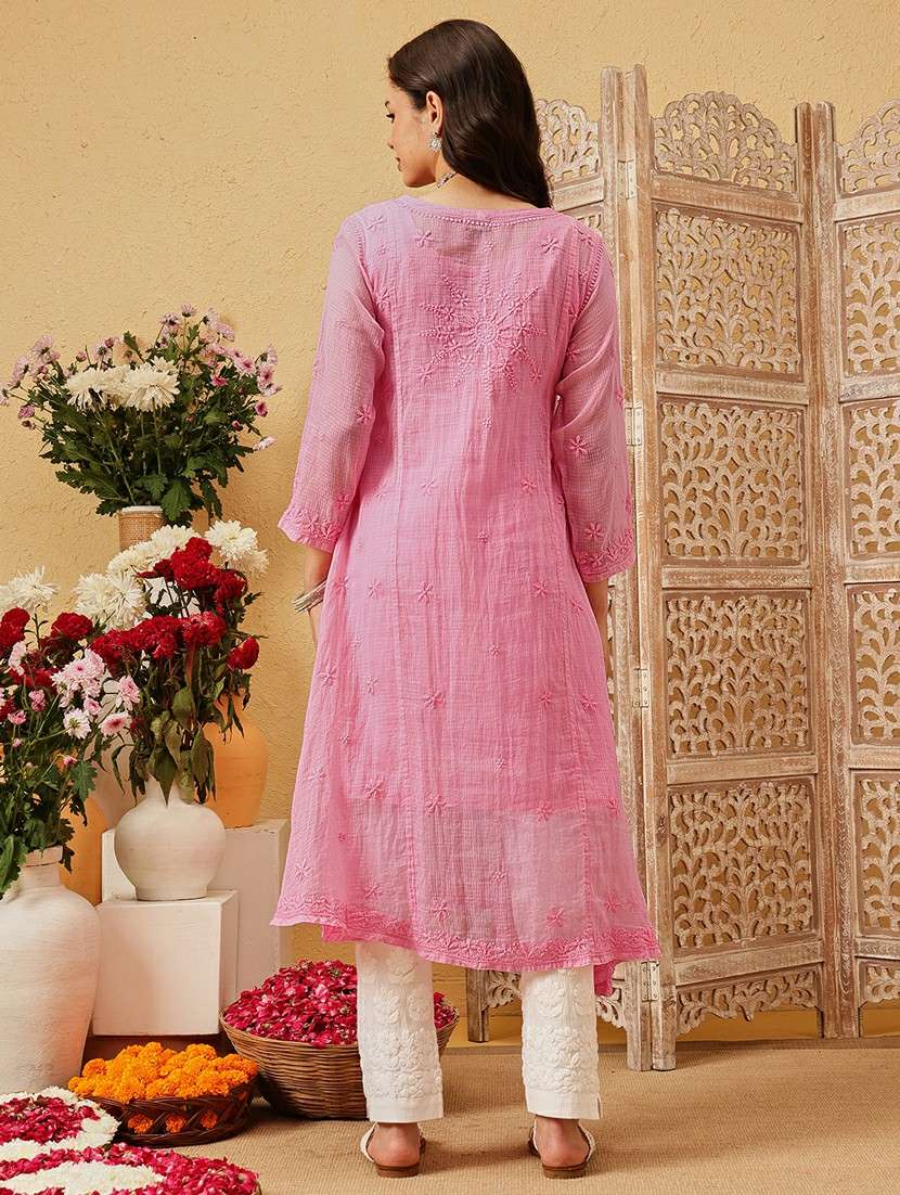 women chikankari three quarter sleeve angrakha kurta - 22377341 -  Standard Image - 5