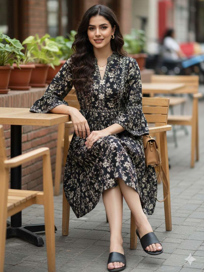 women floral bell sleeve ethnic dress