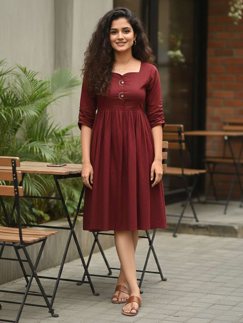 women solid three quarter sleeve ethnic dress