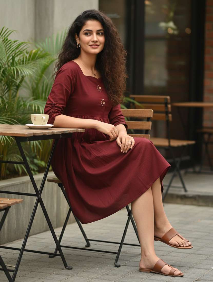 women solid three quarter sleeve ethnic dress - 22377359 -  Standard Image - 3