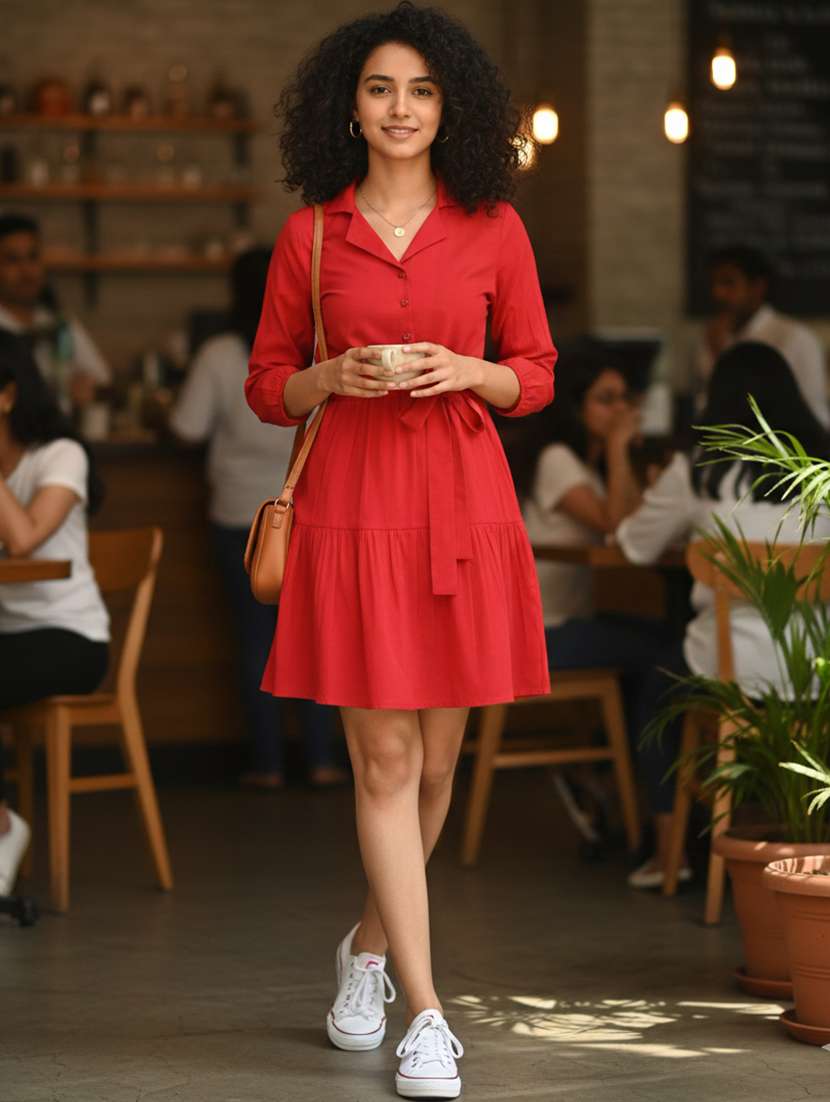 women solid three quarter sleeve tiered dress