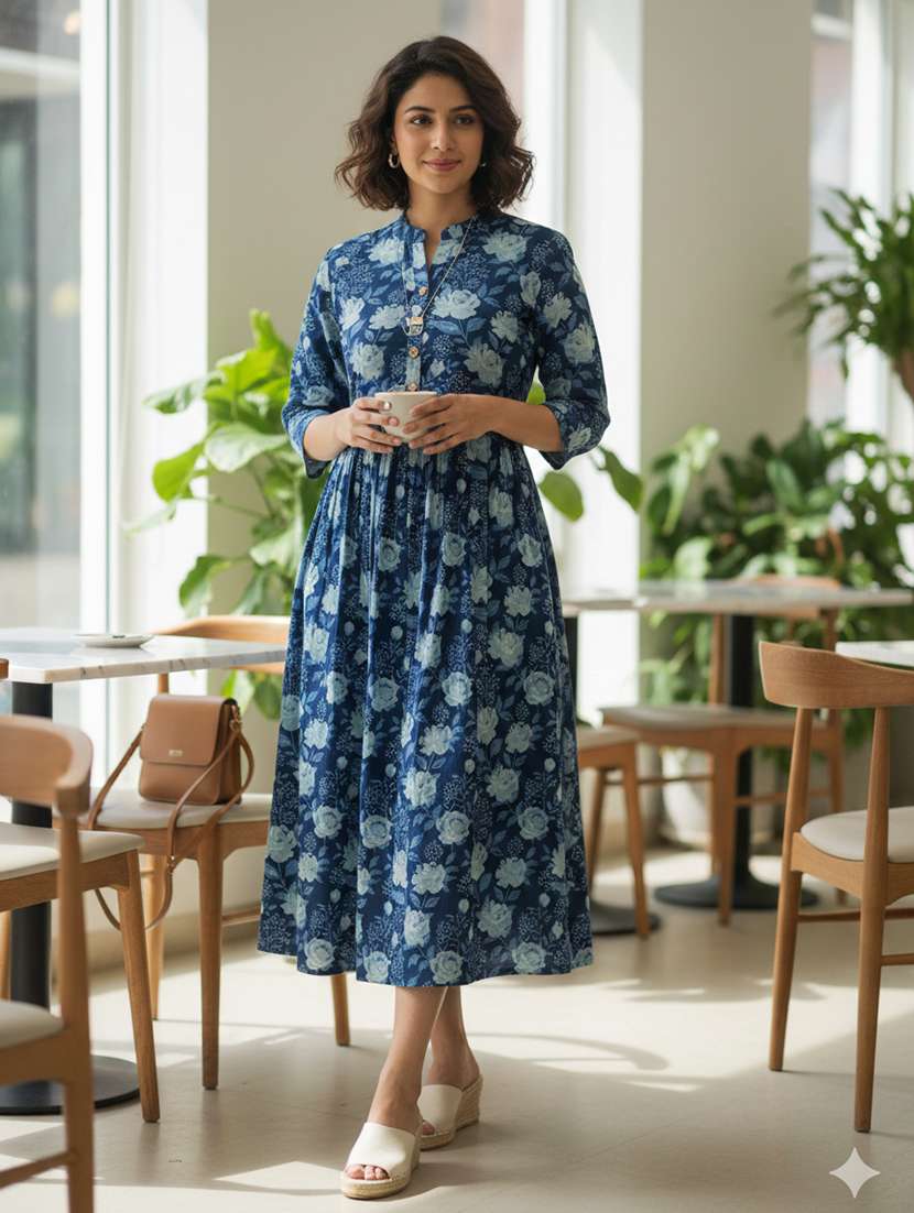 women floral three quarter sleeve ethnic dress