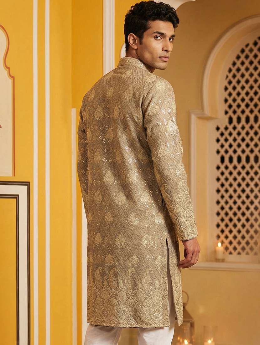 men embroidered mandarin collar long kurta - 22377475 -  Standard Image - 3