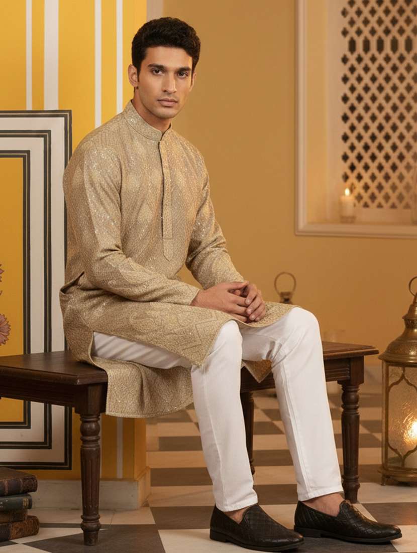 men embroidered mandarin collar long kurta - 22377475 -  Standard Image - 5