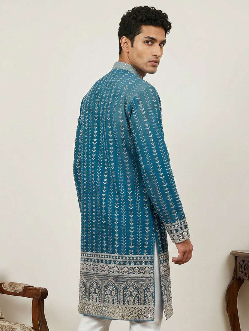 men embroidered mandarin collar long kurta - 22377478 -  Standard Image - 3