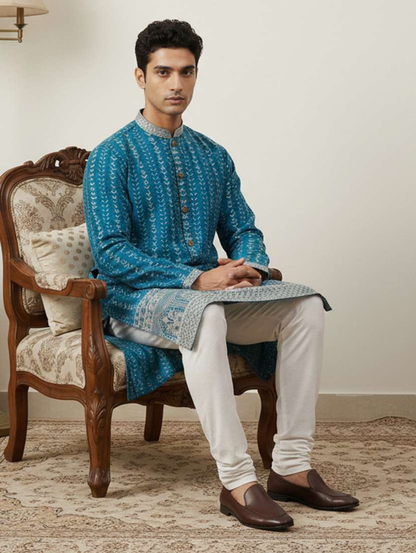 men embroidered mandarin collar long kurta - 22377478 -  Standard Image - 5