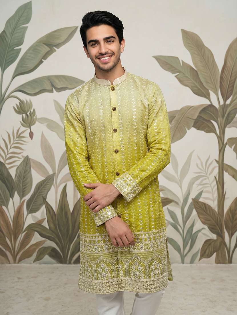 men embroidered mandarin collar long kurta