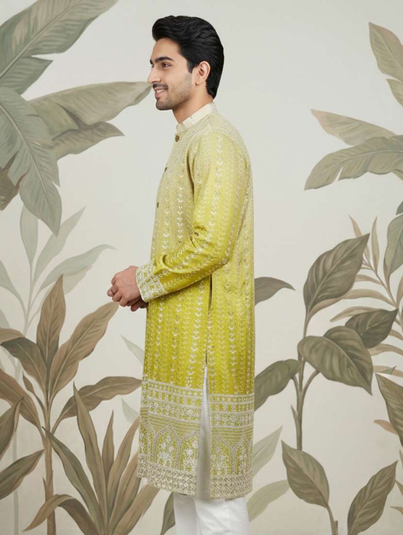 men embroidered mandarin collar long kurta - 22377479 -  Standard Image - 3