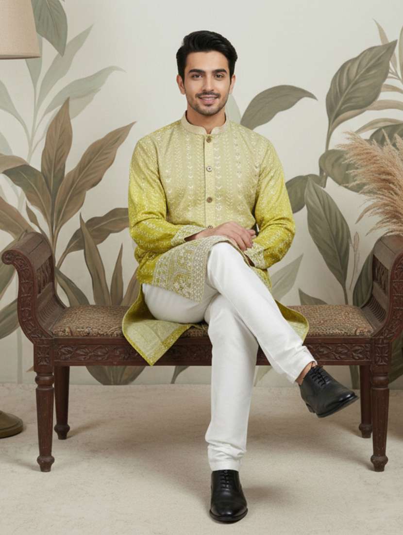 men embroidered mandarin collar long kurta - 22377479 -  Standard Image - 5